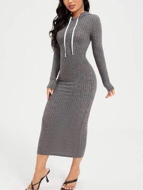 SHEIN Gray Ribbed Hoodie Maxi Dress